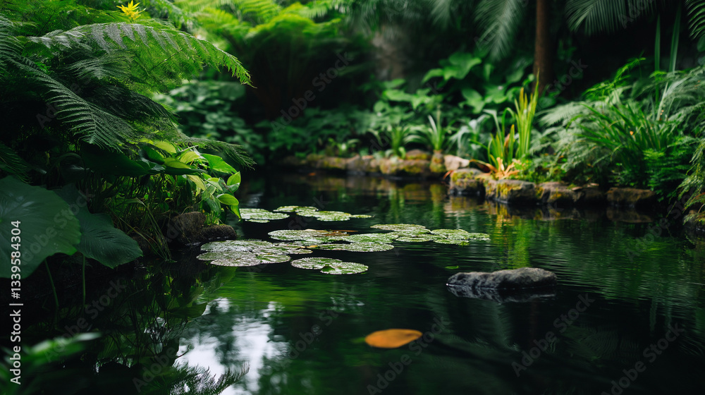 Charming small lake embraced by lush vegetation, reflecting nature’s vibrant colors and serene outdoor tranquility Charming small lake embraced by lush vegetation, reflecting nature’s vibrant colors and serene outdoor tranquility