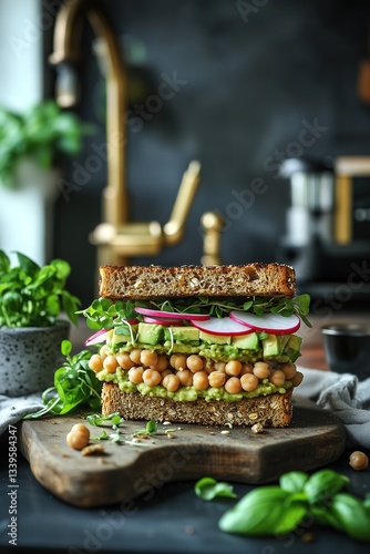 Multigrain Sandwich with Chickpeas, Avocado, Radish, and Alfalfa Sprouts – Healthy Gourmet Food Photography