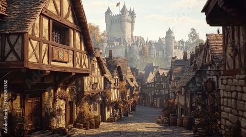 A medieval fantasy village with cobblestone streets, timber-framed houses, and a majestic castle in the distance. Ideal for storytelling, world-building, and roleplaying