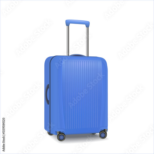 Realistic blue wheeled travel suitcase with hand. Plastic travel suitcase with shadow. 3d illustration isolated on white background. Vector illustration.	