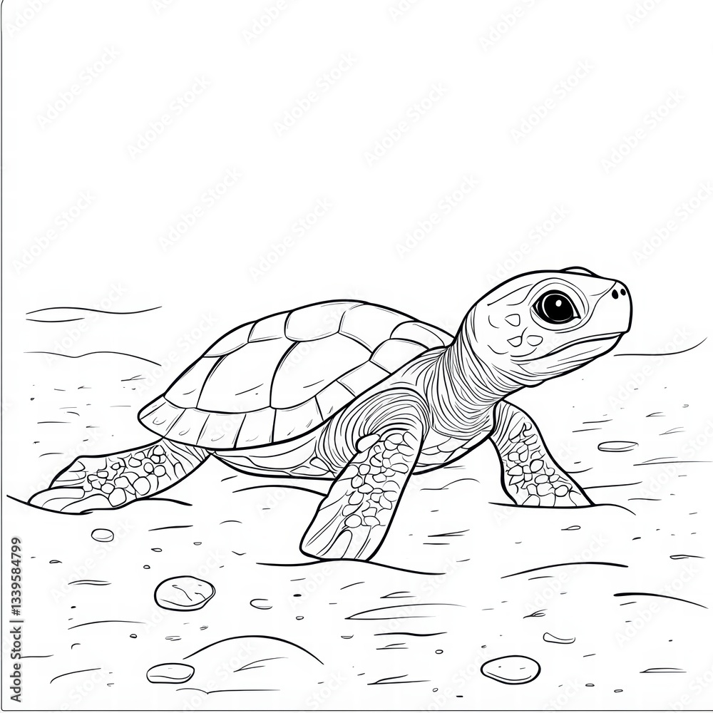 Fototapeta premium Baby Turtle's Coastal Journey: A young sea turtle embarks on its journey, exploring the shoreline's sandy terrain in a beautifully illustrated display, capturing the essence of marine life.