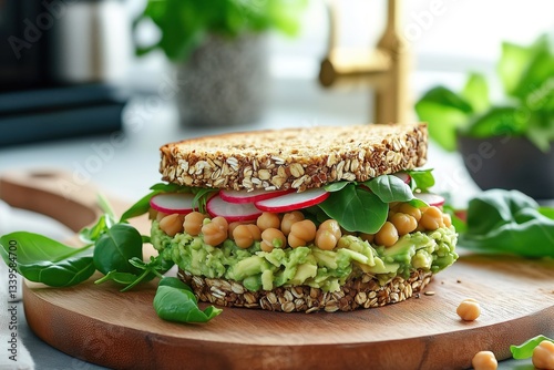 Multigrain Sandwich with Chickpeas, Avocado, Radish, and Alfalfa Sprouts – Healthy Gourmet Food Photography