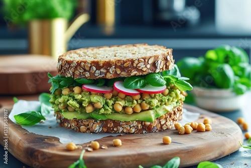 Multigrain Sandwich with Chickpeas, Avocado, Radish, and Alfalfa Sprouts – Healthy Gourmet Food Photography