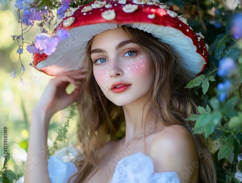 Woman Fantasy Mushroom Flower Hat Pastel Beauty