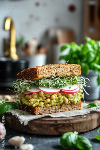 Multigrain Sandwich with Chickpeas, Avocado, Radish, and Alfalfa Sprouts – Healthy Gourmet Food Photography