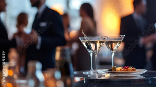 Elegant martini cocktails served at corporate event with business people networking