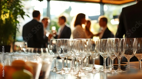 Empty wine glasses standing on bar counter during corporate event