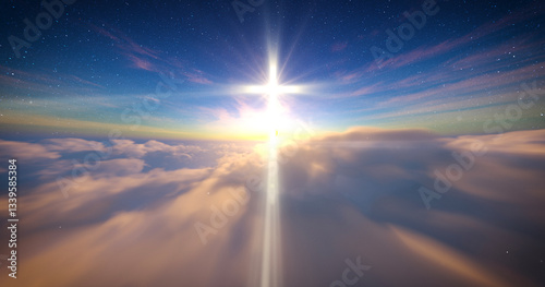 Luminous cross on blue starry sky and moving clouds