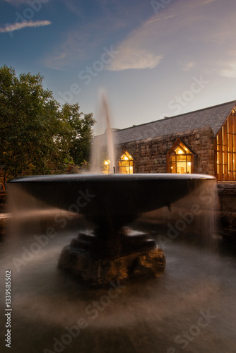 fountain with church backdrop