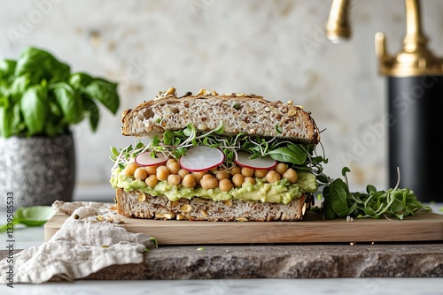 Multigrain Sandwich with Chickpeas, Avocado, Radish, and Alfalfa Sprouts – Healthy Gourmet Food Photography
