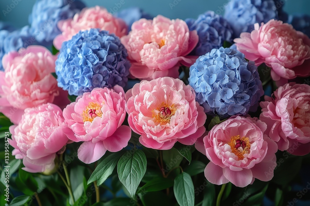 Charming Peonies and Hydrangeas Create a Vibrant Floral Arrangement in an Elegant Blue and White Vase on a Neutral Background Charming Peonies and Hydrangeas Create a Vibrant Floral Arrangement in an Elegant Blue and White Vase on a Neutral Background