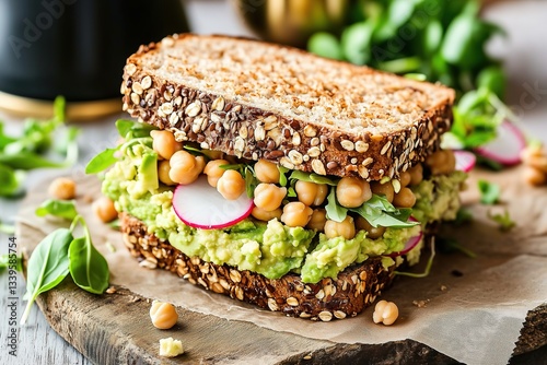 Multigrain Sandwich with Chickpeas, Avocado, Radish, and Alfalfa Sprouts – Healthy Gourmet Food Photography