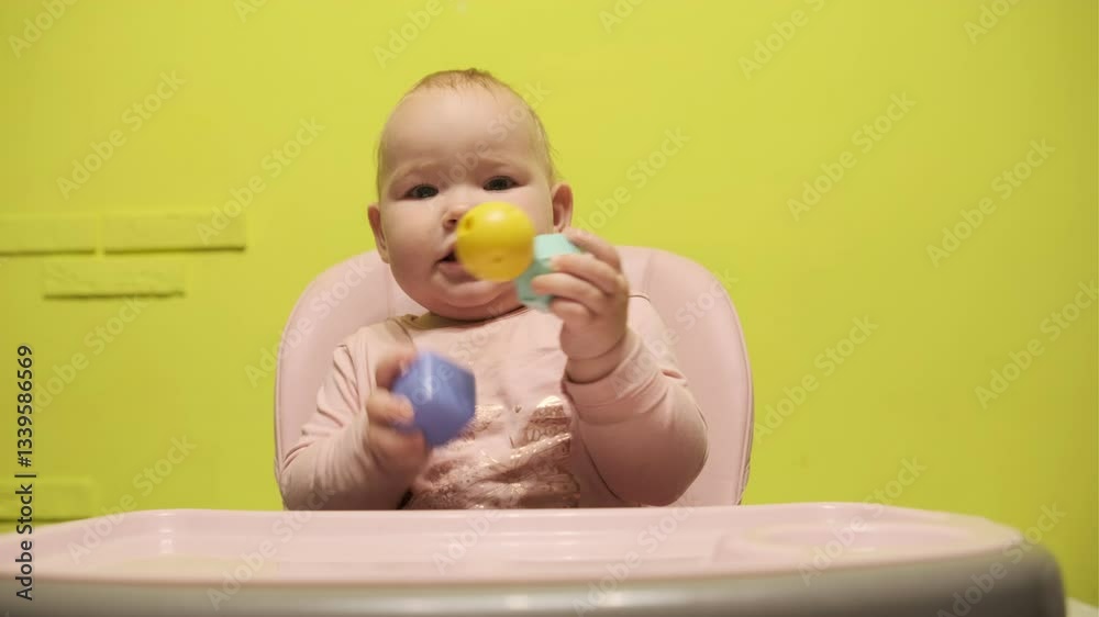 Baby Plays With Colorful Toys in High Chair Against Bright Yellow Background During Playful Indoor Activity Baby Plays With Colorful Toys in High Chair Against Bright Yellow Background During Playful Indoor Activity