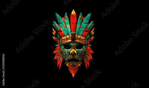 Futuristic low poly Aztec warrior mask background with innovative polygonal geometry