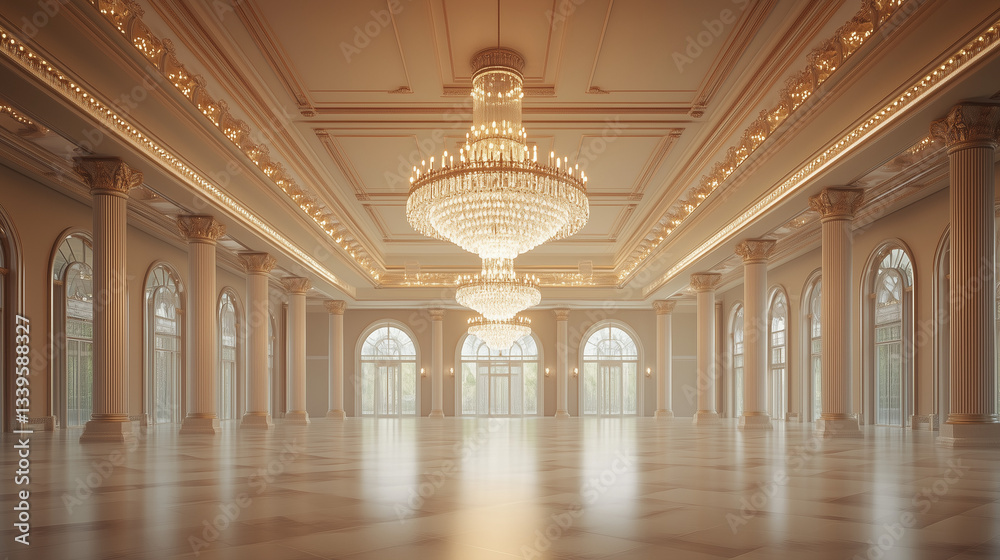 Obraz premium A grand chandelier casting a soft glow over an empty, elegant ballroom with high ceilings