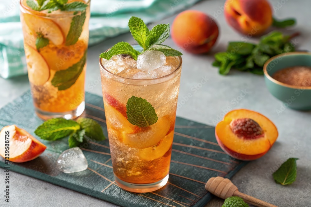 Fototapeta premium Refreshing Summer Peach Iced Tea With Mint and Ice Generative AI