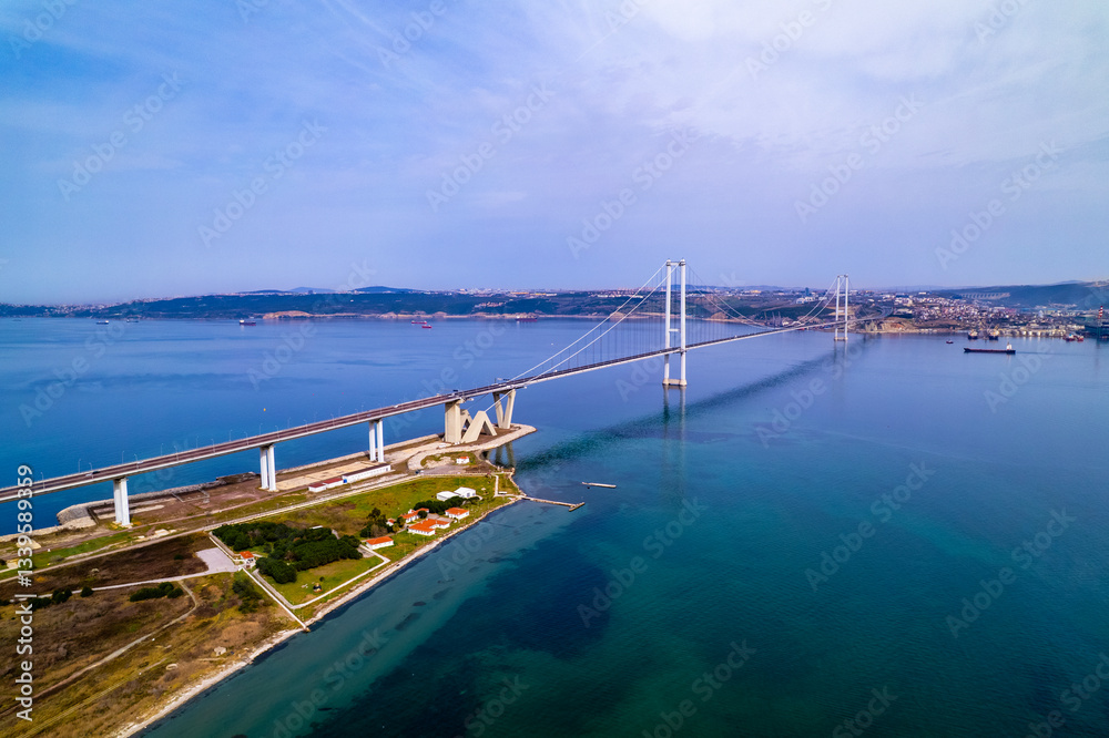Osmangazi Bridge in Kocaeli, Turkey. Aerial shot with drone. Osmangazi Bridge in Kocaeli, Turkey. Aerial shot with drone.