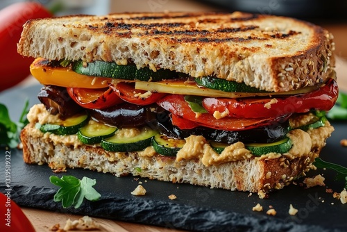 Whole-Grain Sandwich with Grilled Vegetables and Hummus on Slate Board – Gourmet Food Photography