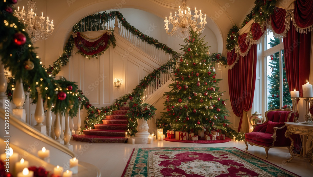 Fototapeta premium A Grand, Opulent Christmas Scene Unfolds In A Majestic Mansion, A Breathtakingly Decorated Staircase And A Magnificent Christmas Tree Bathed In Warm, Inviting Candlelight