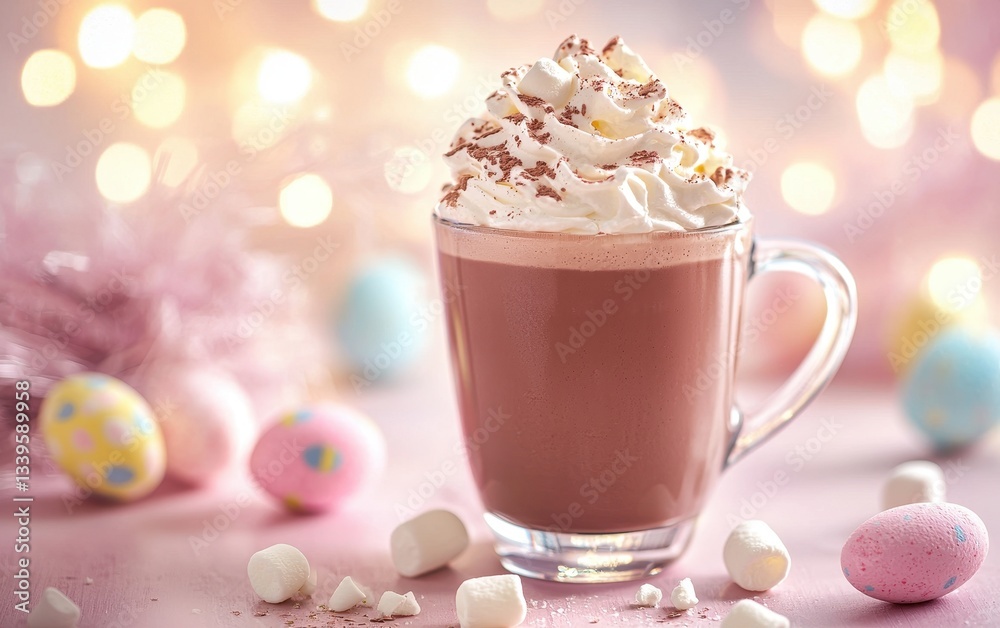 Hot chocolate with whipped cream and marshmallows, with pastel-colored Easter eggs softly blurred in the background Hot chocolate with whipped cream and marshmallows, with pastel-colored Easter eggs softly blurred in the background