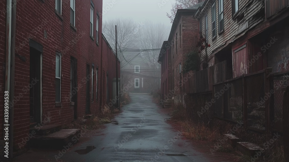 Cinematic view of a quiet alley with creeping fog, evoking mystery and solitude in an urban setting Cinematic view of a quiet alley with creeping fog, evoking mystery and solitude in an urban setting