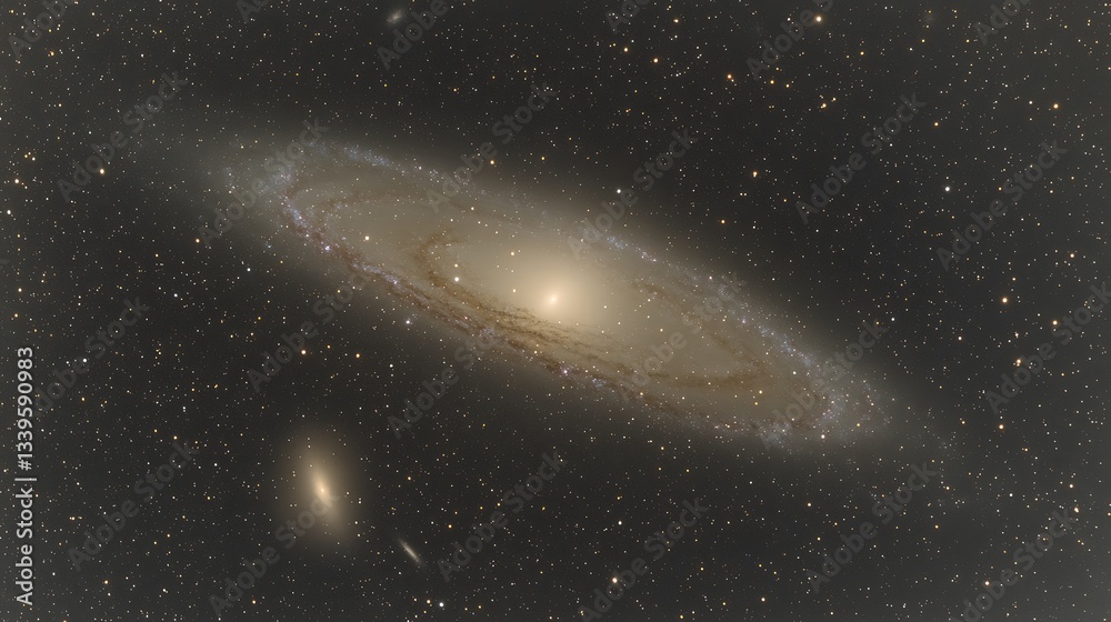 Obraz premium A large spiral galaxy with other celestial objects shown overhead