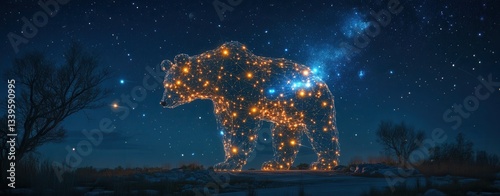Ursa Major constellation, horoscope Starry bear silhouette walking on a dark background with glowing constellations and cosmic elements in a mystical setting