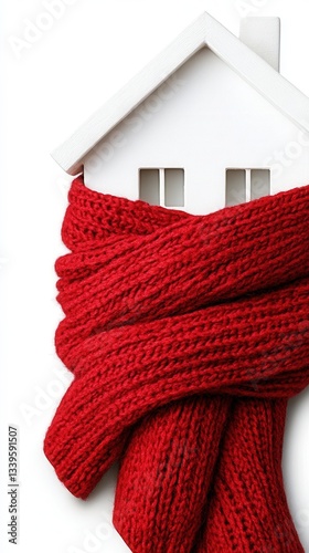 Home in a knitted red scarf on a white background, Concept of the heating system in a winterized house. keeping warm in the house