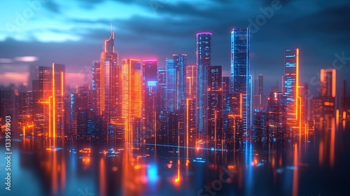 A glowing 3D product display mockup featuring a business software interface 