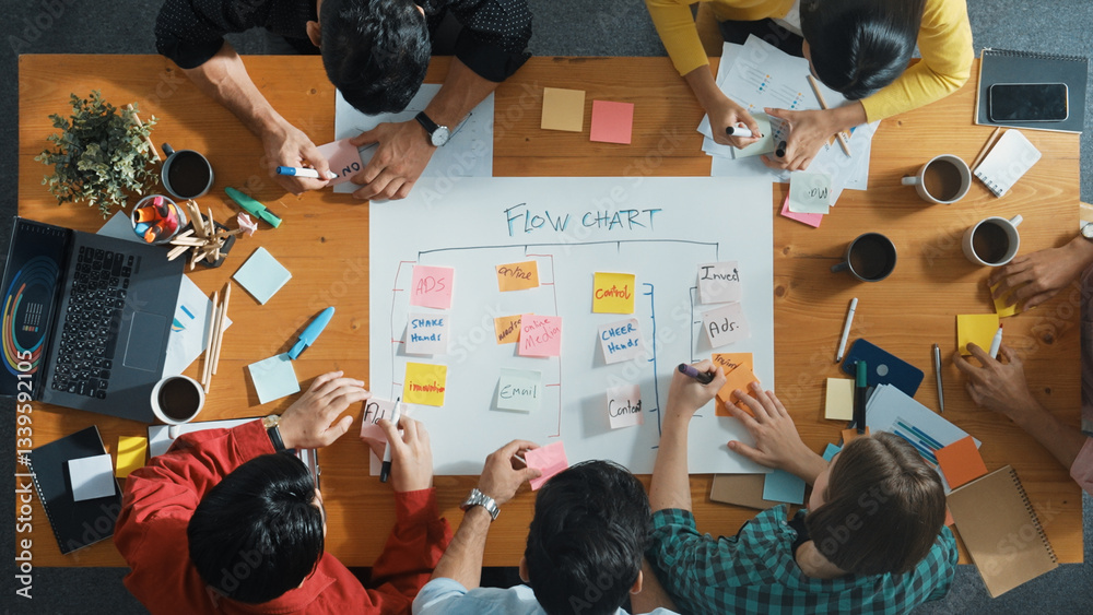 Fototapeta premium Top down aerial view of professional business people hands making scrum task board to manage workflow in workplace. Diverse marketing team writing and working together at meeting room. Convocation.