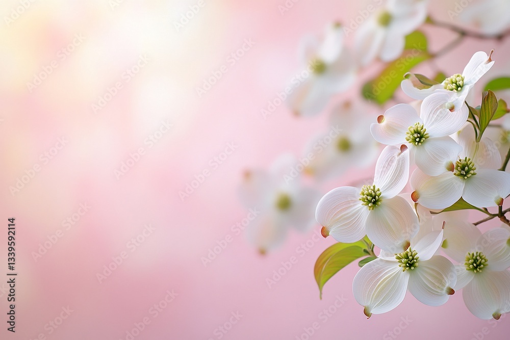 Fototapeta premium Easter Background, Easter Banner, Delicate White Dogwood Blossoms on Pink Background Spring Floral Beauty