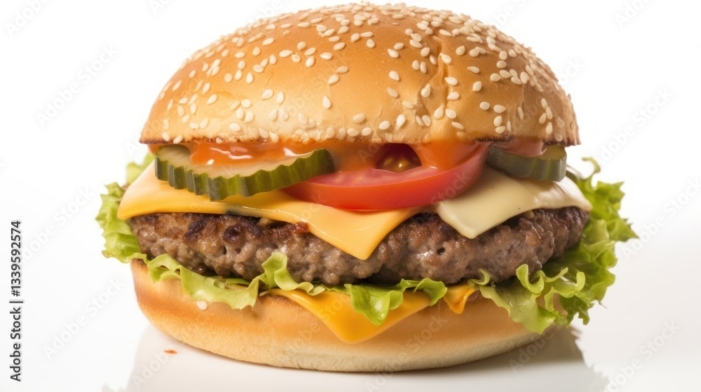 Juicy Cheeseburger with Sesame Bun, Lettuce, Tomato, Pickles, and Melted Cheese Juicy Cheeseburger with Sesame Bun, Lettuce, Tomato, Pickles, and Melted Cheese