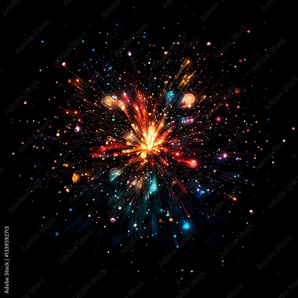 Fototapeta premium Colorful Light Explosion Bursting Against Black Backdrop for Graphic Design Use