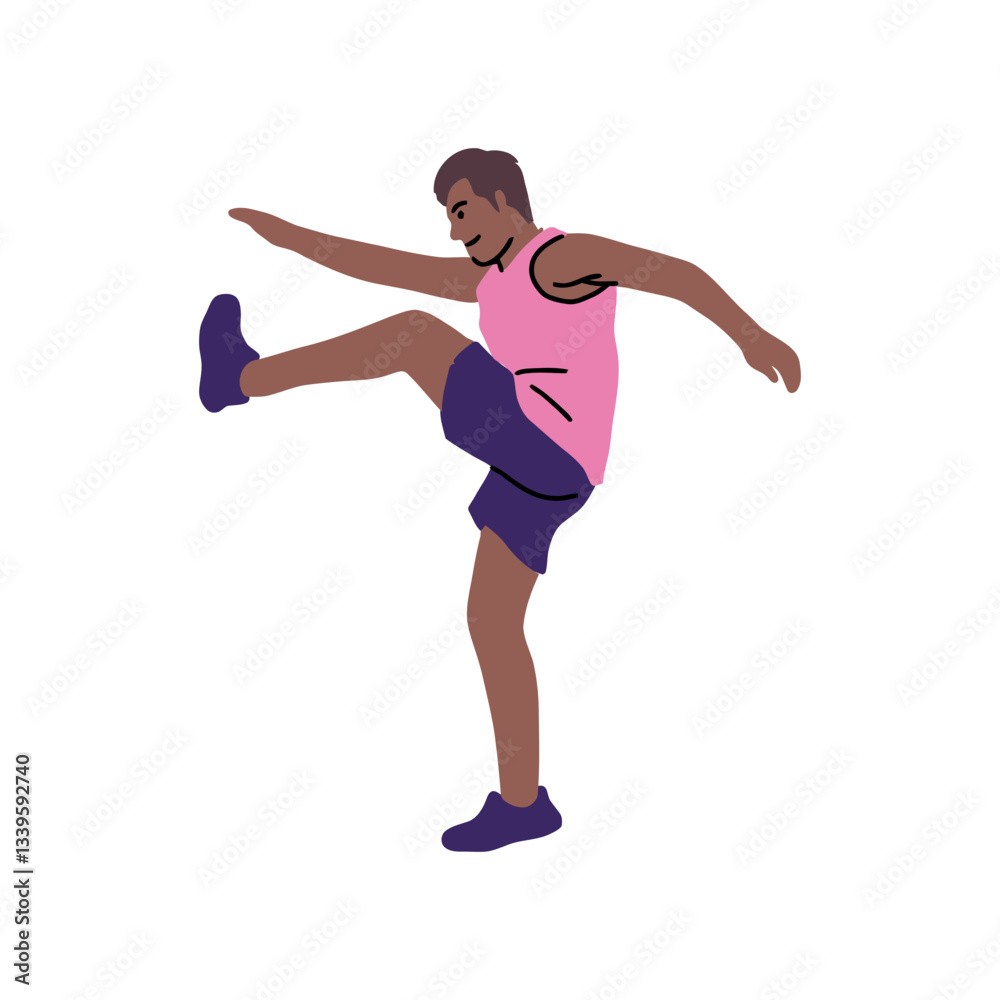 Active Man Stretching or Exercising, High-Kick Pose Active Man Stretching or Exercising, High-Kick Pose