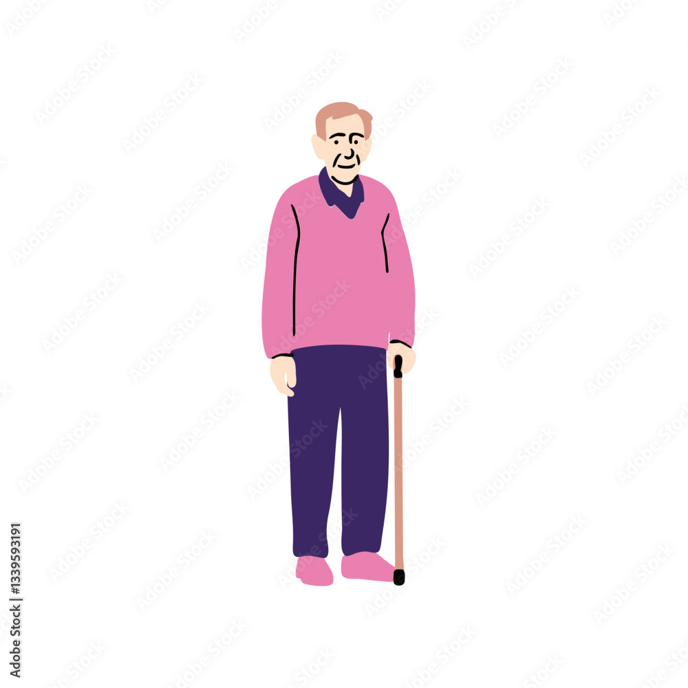 Elderly Man with Walking Cane, Friendly and Peaceful Elderly Man with Walking Cane, Friendly and Peaceful
