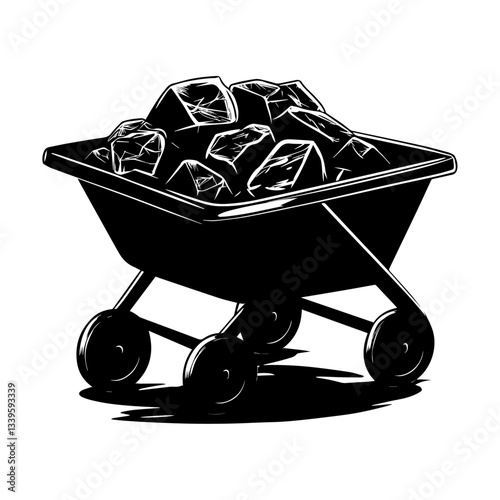 A minimal construction-style wheelbarrow filled with rubble or stones