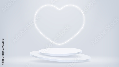 Two light grey levitating podiums for product presentation with big white neon heart
