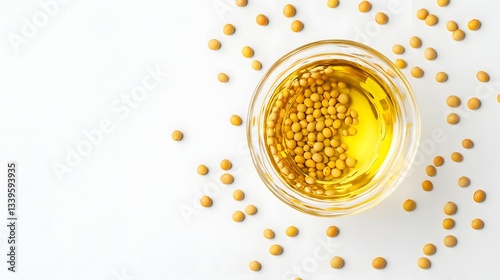Soybeans and soybean oil in a glass bowl