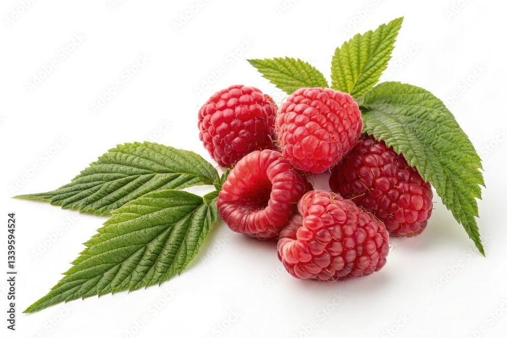 Fresh Raspberries With Leaves Arranged on a White Background Generative AI Fresh Raspberries With Leaves Arranged on a White Background Generative AI