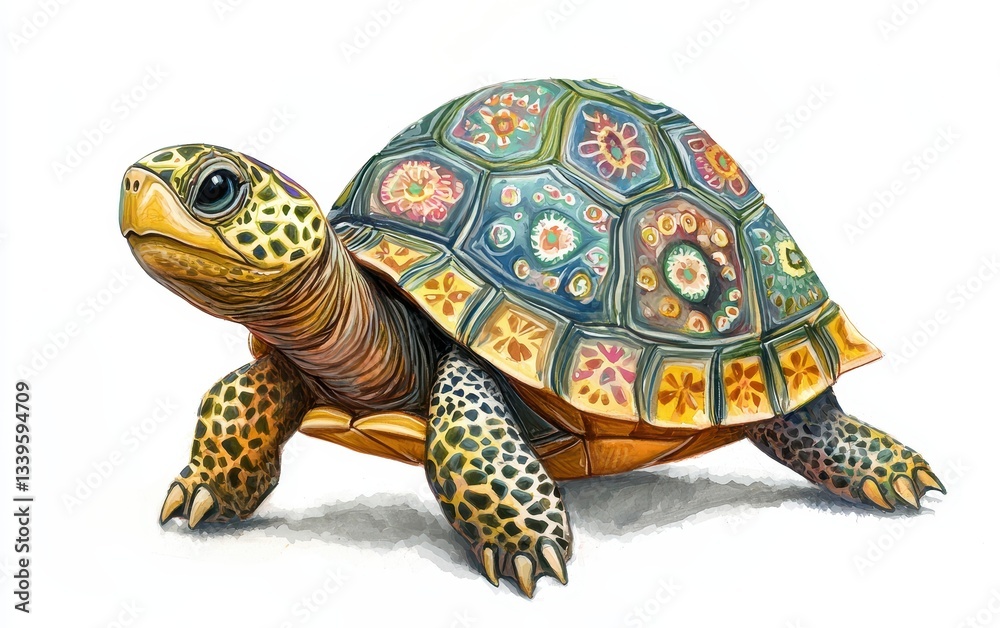 Obraz premium Painted drawing illustration of a tiny turtle with a patterned shell. On white background. Kids book style