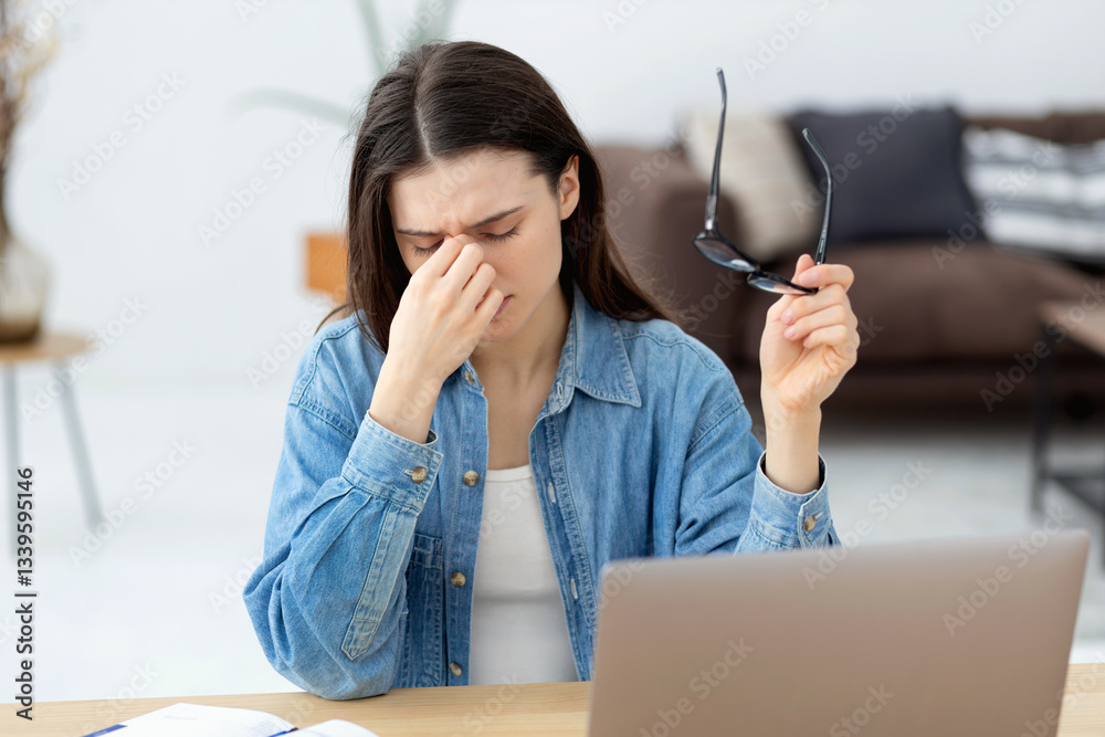 Tired young woman working on laptop