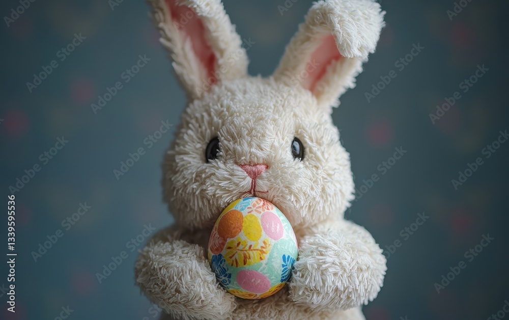 Obraz premium Plush Easter bunny toy holding a colorful painted egg