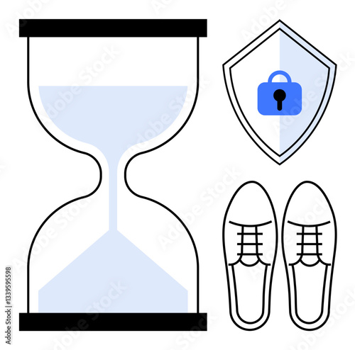Hourglass symbolizing time, shield representing security, shoes indicating mobility. Ideal for time management, online security, protection, speed, punctuality lifestyle deadline. Abstract line