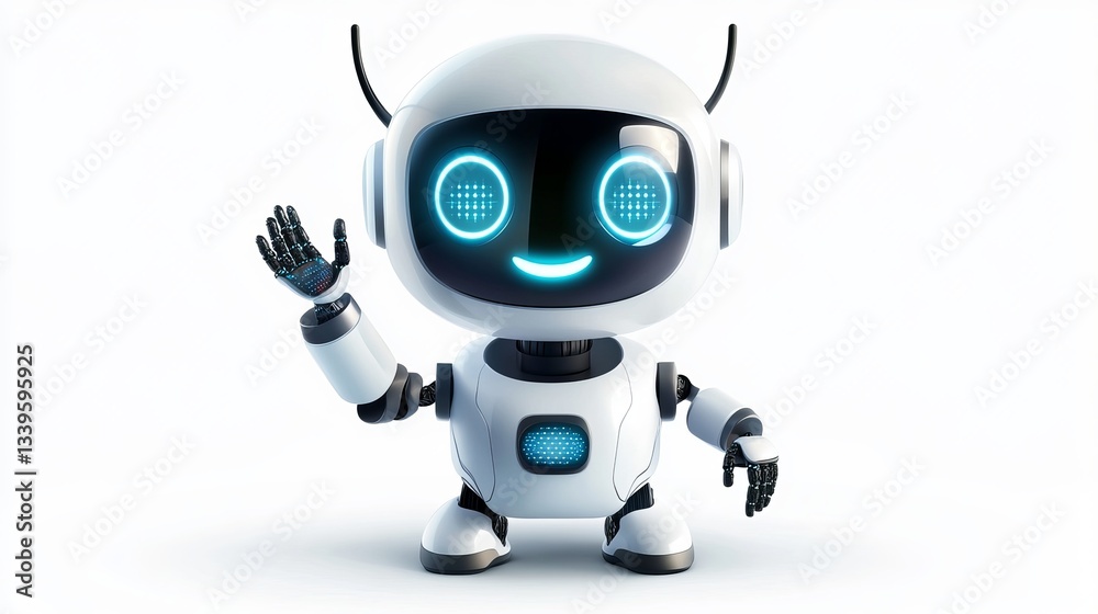 Chatbot robot isolated on a white background Vector realistic 3D AI bot waving with a smiling LED face Support service assistant cute computer technology mascot Chatbot robot isolated on a white background Vector realistic 3D AI bot waving with a smiling LED face Support service assistant cute computer technology mascot