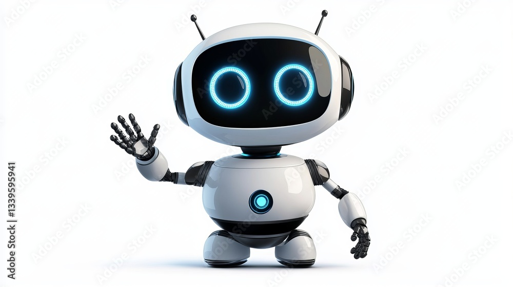 Chatbot robot isolated on a white background Vector realistic 3D AI bot waving with a smiling LED face Support service assistant cute computer technology mascot Chatbot robot isolated on a white background Vector realistic 3D AI bot waving with a smiling LED face Support service assistant cute computer technology mascot