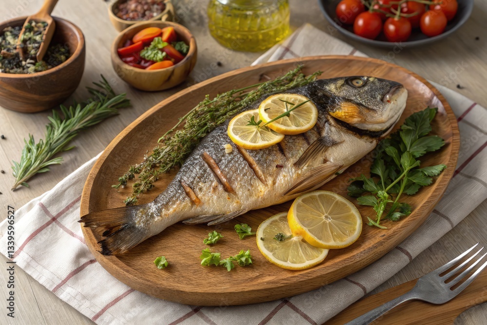 Grilled Fish With Lemon and Fresh Herbs on a Wooden Platter Generative AI Grilled Fish With Lemon and Fresh Herbs on a Wooden Platter Generative AI