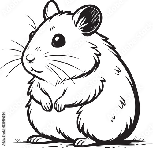 Hamster Black and White Vector Illustration, Sketch Drawing Line Linear Engraving, Hand-drawn Isolated