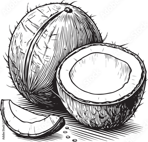 Coconut Exotic Tropical Fruit Black and White Vector Illustration, Sketch Drawing Line Linear Engraving, Hand-drawn Isolated