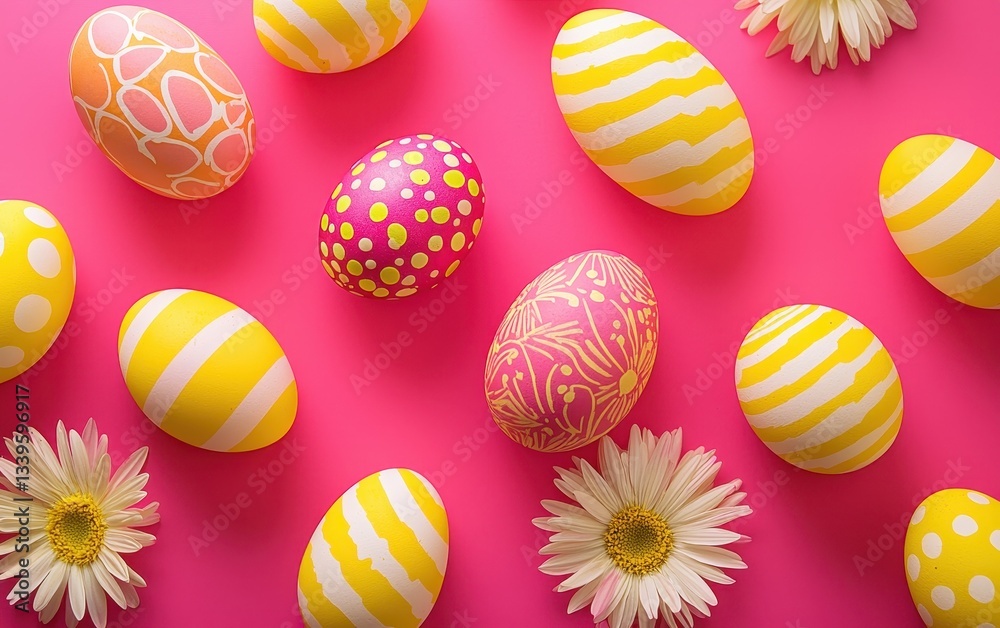 Of a bright Easter background with vivid pink and yellow hues and bold egg designs
