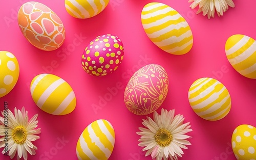 Obraz na płótnie Of a bright Easter background with vivid pink and yellow hues and bold egg designs w salonie